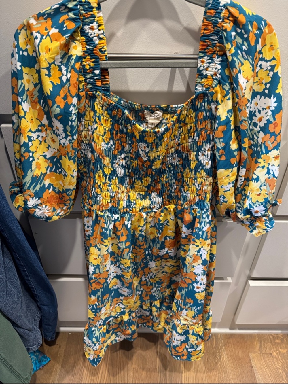 Jessica Simpson Teal Floral Smocked Puff Sleeve Dress